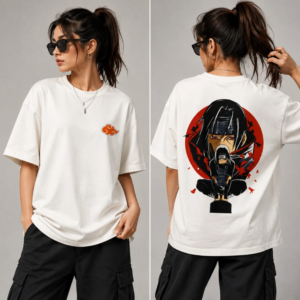 Naruto Itachi Uchiha Anime Graphic T-Shirt – Premium Cotton | Front & Back Print | Regular Fit | White (L Size) - Image 2