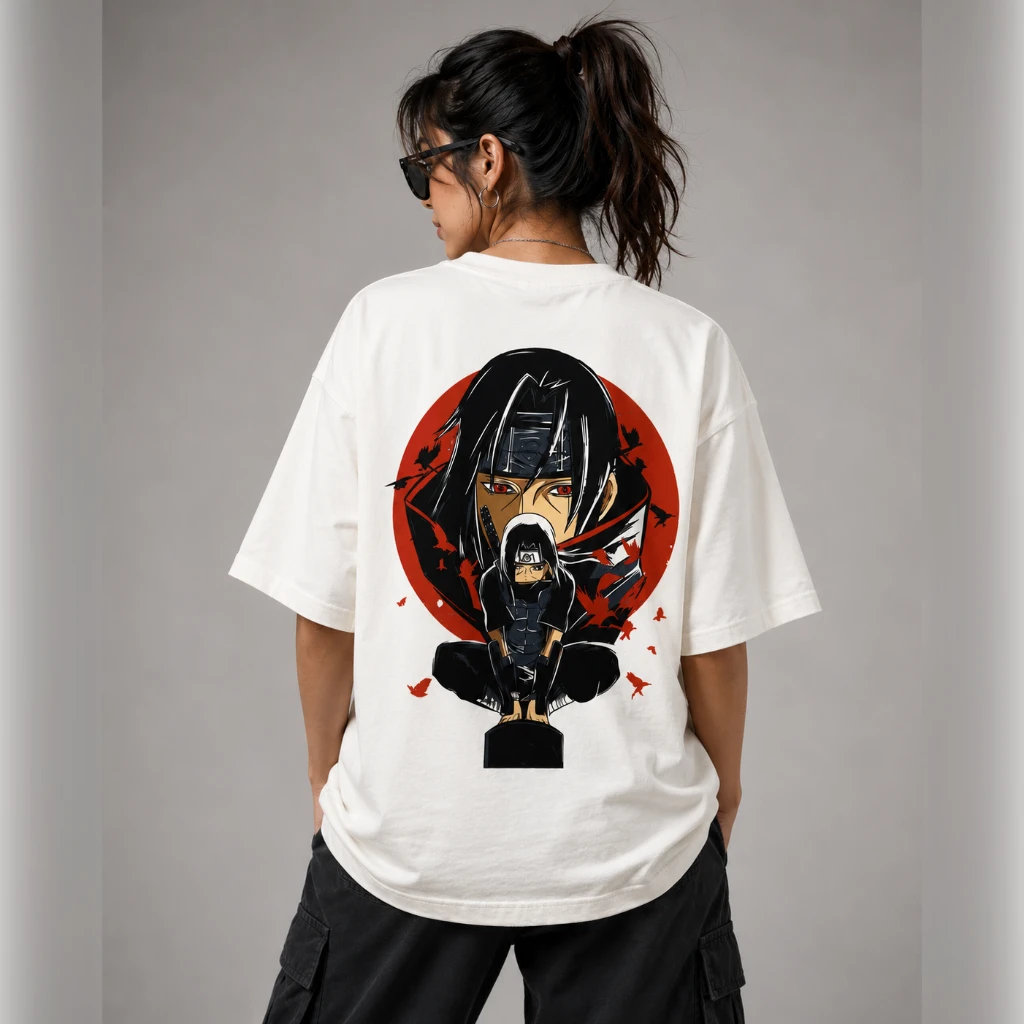 Naruto Itachi Uchiha Anime Graphic T-Shirt – Premium Cotton | Front & Back Print | Regular Fit | White (L Size) - Image 3