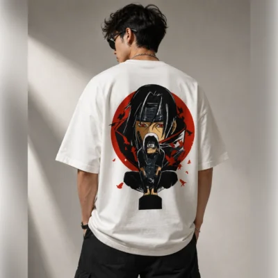Naruto Itachi Uchiha Anime Graphic T-Shirt – Premium Cotton | Front & Back Print | Regular Fit | White (L Size)