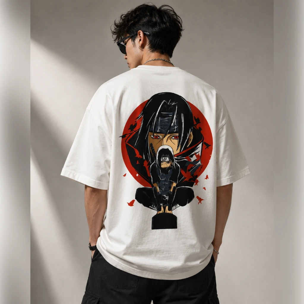 Naruto Itachi Uchiha Anime Graphic T-Shirt – Premium Cotton | Front & Back Print | Regular Fit | White (L Size)