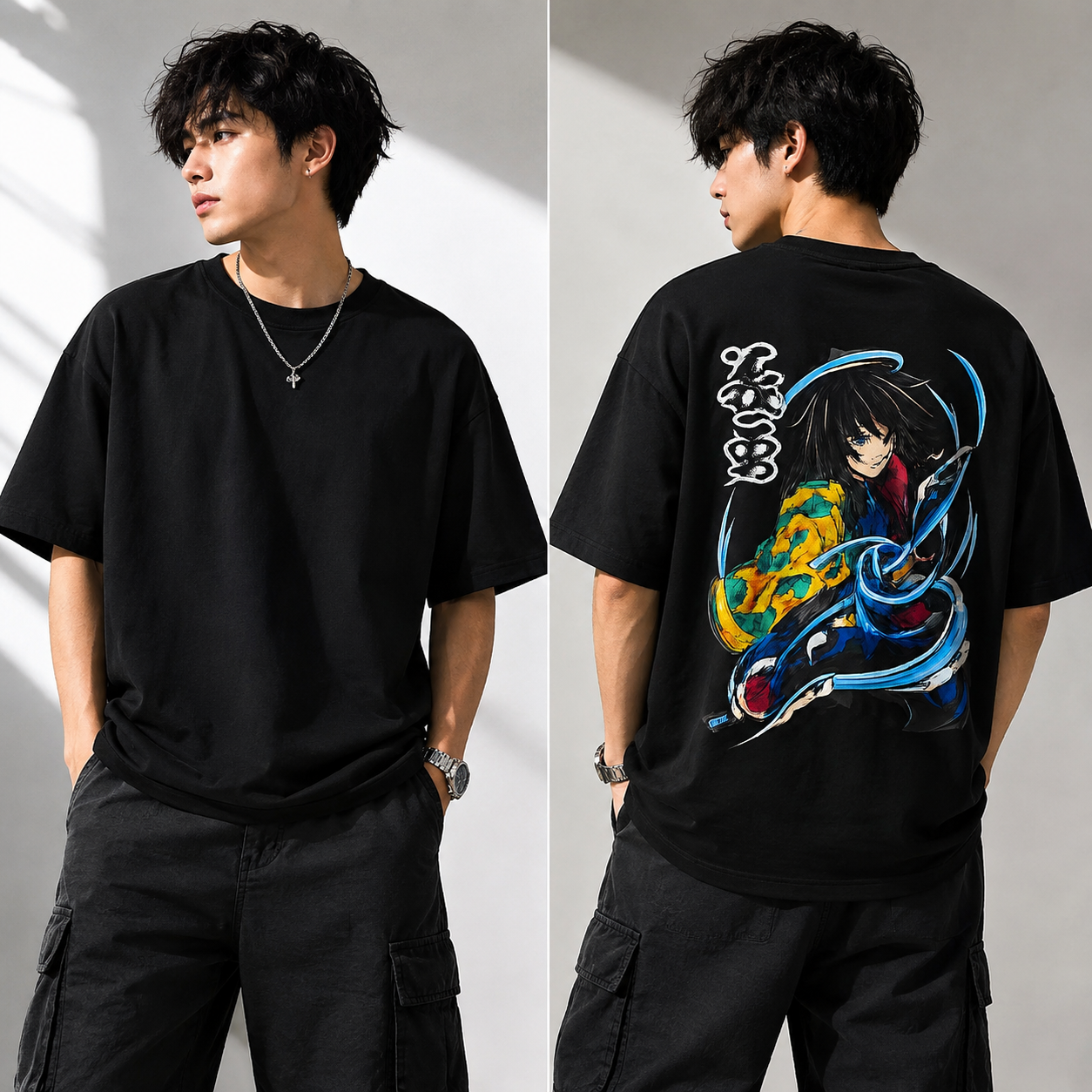 Giyu Tomioka Water Breathing Oversized T-Shirt – Black | 100% French Terry Cotton | Size L