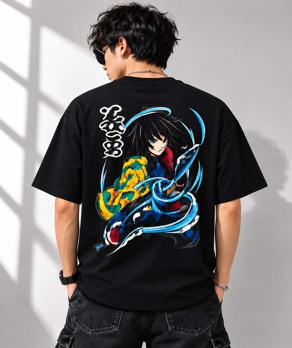 Giyu Tomioka Water Breathing Oversized T-Shirt – Black | 100% French Terry Cotton | Size L - Image 3