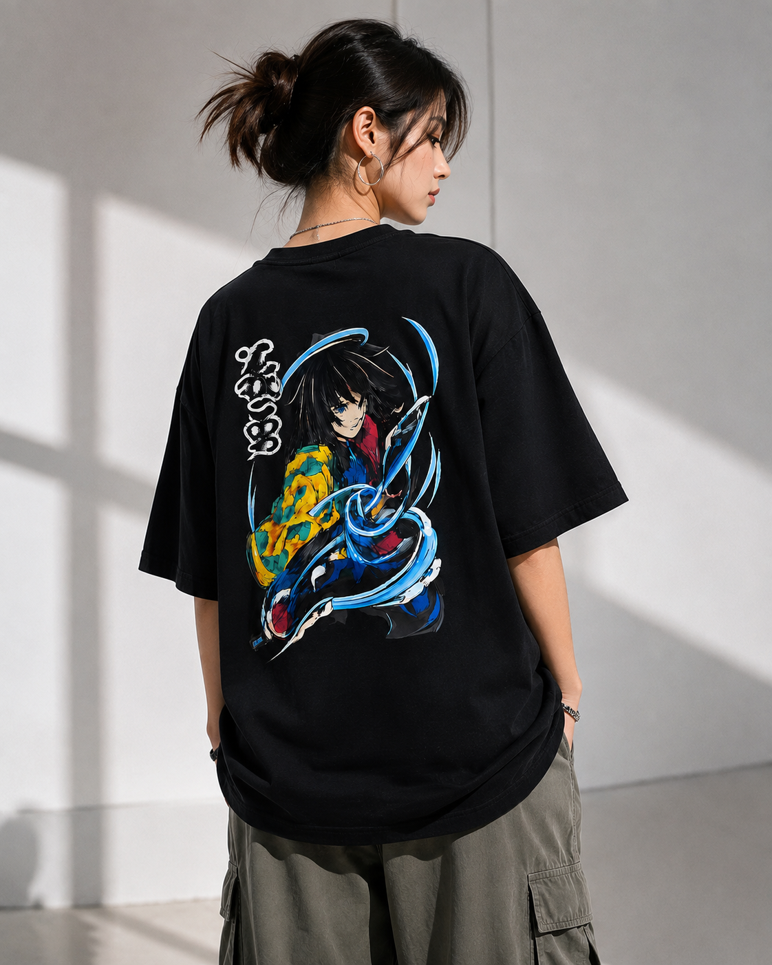 Giyu Tomioka Water Breathing Oversized T-Shirt – Black | 100% French Terry Cotton | Size L - Image 2