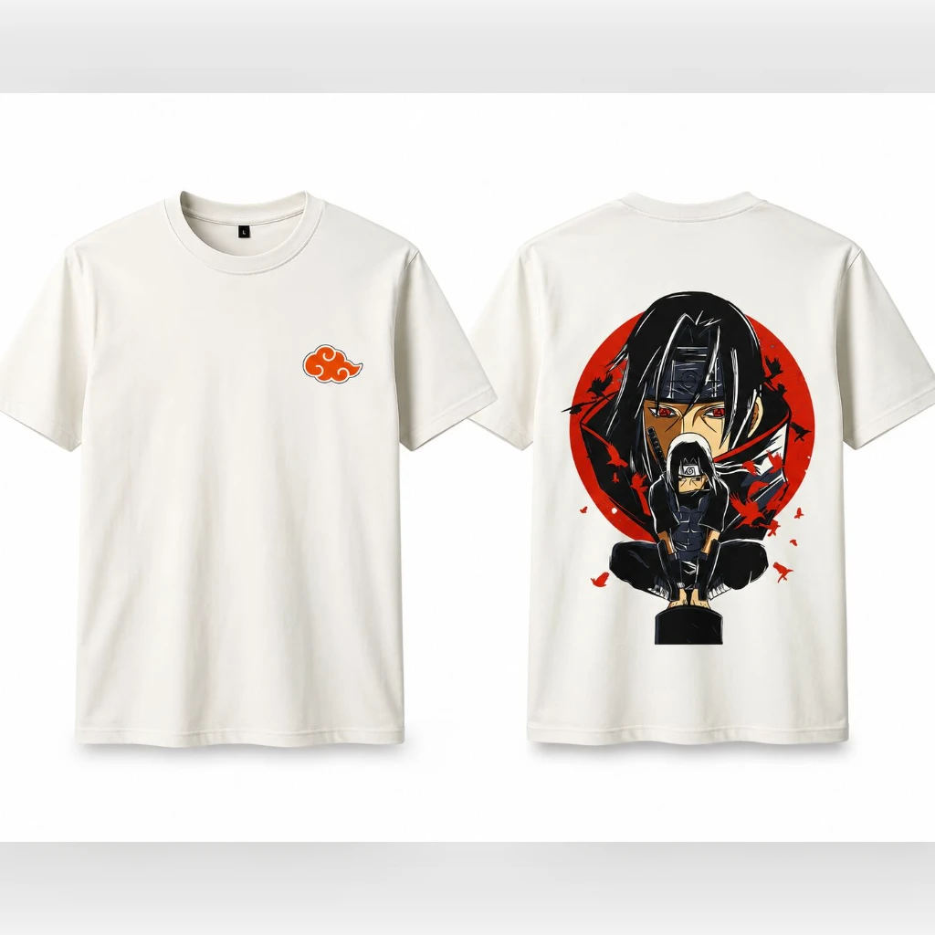 Naruto Itachi Uchiha Anime Graphic T-Shirt – Premium Cotton | Front & Back Print | Regular Fit | White (L Size)