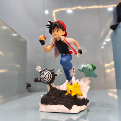 Ash Ketchum alongside his Pokémon Pikachu, Bulbasaur, and Poliwag